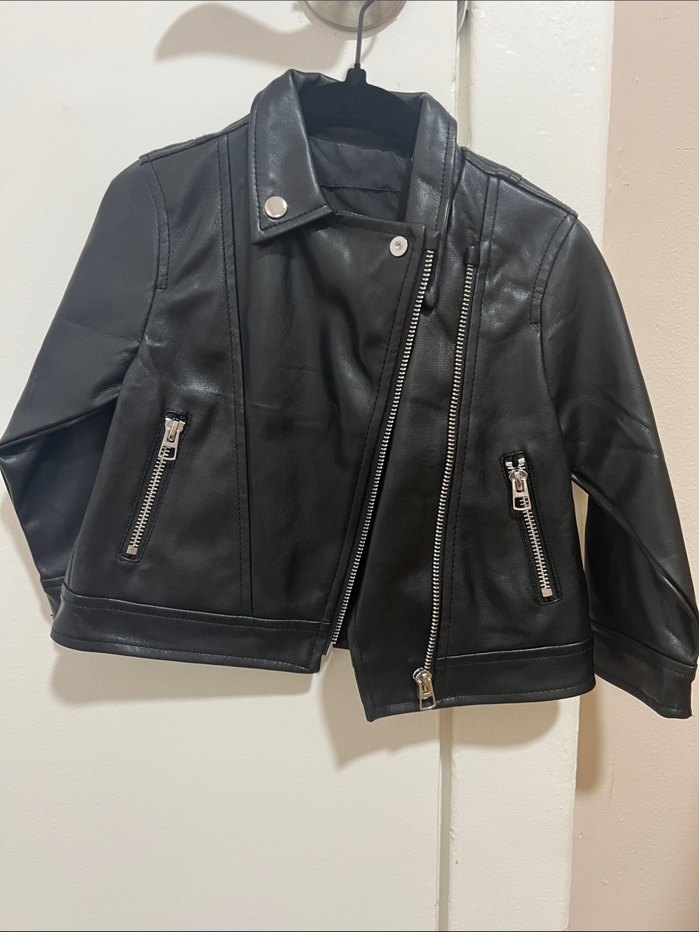 Zara Black Girls Faux Leather Moto Jacket with Silver Zippers